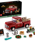 Icons 10290 Pickup Truck Building Set For Adults With Vintage 1950s Style And Seasonal Display Accessories Realistic Step Side Bed Opening Doors Removable Wood Railings Great Collectible Gift For Builders And Car Fans. Red pickup truck model with accessories and packaging