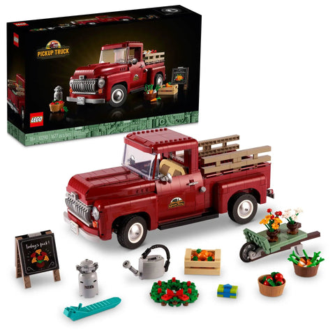 Icons 10290 Pickup Truck Building Set For Adults With Vintage 1950s Style And Seasonal Display Accessories Realistic Step Side Bed Opening Doors Removable Wood Railings Great Collectible Gift For Builders And Car Fans. Red pickup truck model with accessories and packaging