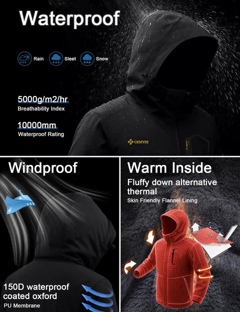 Men's Mountain Waterproof Ski Snow Jacket Insulated Windproof Rain Shell Built For Skiing Snowboarding Hiking Mountaineering Camping And Outdoor Adventures In Oriental Red showing waterproof and windproof features