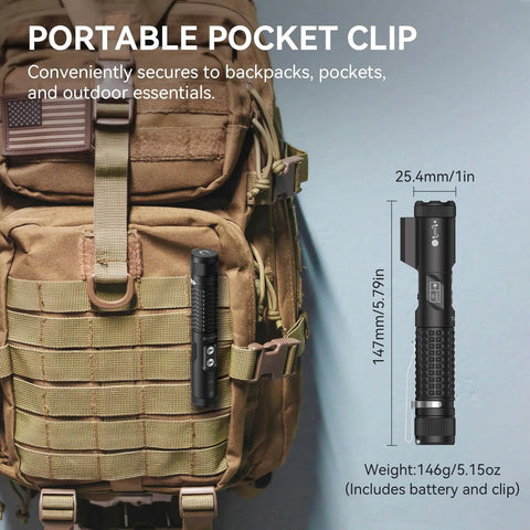 Go To 1200 Lumen Dual Beam LED Flashlight with Pocket Clip on backpack, zoomable and USB C Quick Charge, for work and outdoors