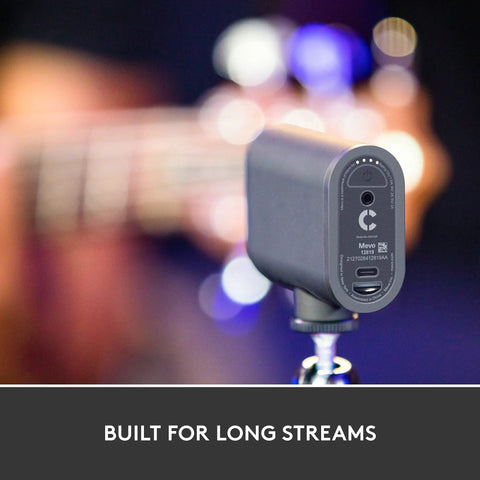 Mevo Start Wireless Streaming Cam With Legit 1080P HD Clarity, compact camera for long streams with USB port, shown in use.