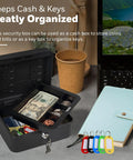 Workhorse Metal Cash Box With Removable Money Tray And Key Lock For Quick Cash And Key Organization, open with cash inside.