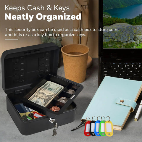 Workhorse Metal Cash Box With Removable Money Tray And Key Lock For Quick Cash And Key Organization, open with cash inside.