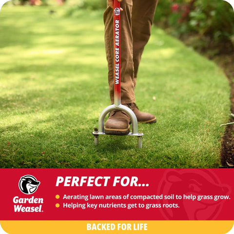 Person using Long Handle Core Lawn Aerator And Dethatcher For Grass, Easy Soil Core Removal To Beat Compaction on green lawn