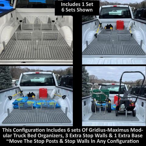 Gridius-Maximus Truck Bed Organizer System For Trucks SUVs Tailgates And Trailers Pro Grade Contractor Cargo System with modular dividers and secure load setup shown in truck bed.