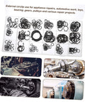 225 Piece Carbon Steel C Shape Retaining Ring Kit External Snap Rings For Shaft Locking And Fastening Includes Individual Compartments In Transparent Storage Case For Easy Grab And Go Use, shown with engine and gear visuals
