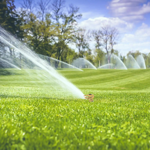 Heavy Duty Rock Solid Half Inch Zinc Impact Sprinkler 2 Pack watering lawn with adjustable spray in grassy field.