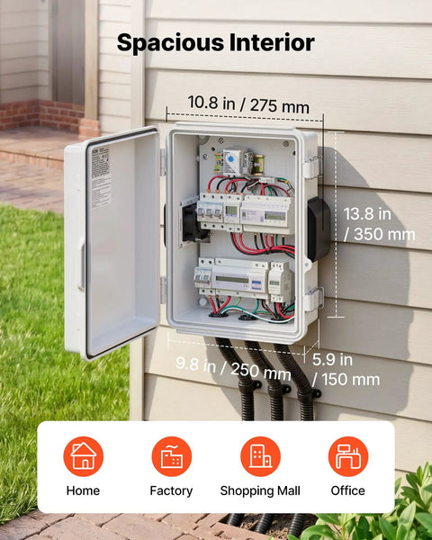 Tough-As-Nails Outdoor Electrical Box With ABS Housing Waterproof IP65 Enclosure Built-In Thermostat And Cooling Fan Ventilated Junction Box With Mounting Plate And Cable Grommets For Indoor And Outdoor Use, open wall-mounted 275 mm x 350 mm enclosure