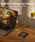 Uber Fast USB4 2.0 Cable With LED Display 6.6ft 240W PD3.1 Fast Charging 80Gbps Data Transfer Dual 8K Video For MacBook Pro iPhone Galaxy SSD Docking Yellow connected to laptop and wall charger