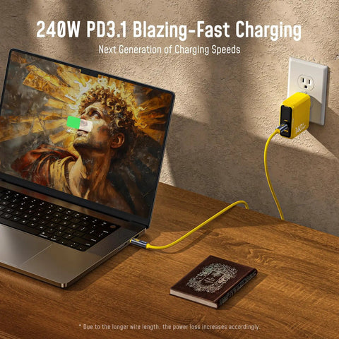 Uber Fast USB4 2.0 Cable With LED Display 6.6ft 240W PD3.1 Fast Charging 80Gbps Data Transfer Dual 8K Video For MacBook Pro iPhone Galaxy SSD Docking Yellow connected to laptop and wall charger