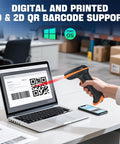 User scanning QR code on laptop screen with the 1D 2D QR Barcode Scanner With Adjustable Folding Stand And Charging Cradle.