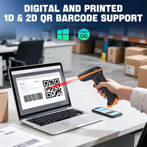 User scanning QR code on laptop screen with the 1D 2D QR Barcode Scanner With Adjustable Folding Stand And Charging Cradle.