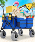 Blue Heavy Duty Folding Wagon For Sand And Outdoors, 350 Lb Capacity, Oversized 180 Liter Cargo Space, 9 Inch All Terrain Wheels