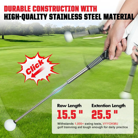 Tempo Stick Golf For Right Hand Retractable Swing Trainer With Arm Band shown extended on grassy field.