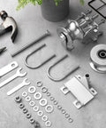 4 Pack Sliding Gate Rollers For Chain Link Gates, heavy duty galvanized gate wheels, tools, nuts, and bolts displayed on gray surface.