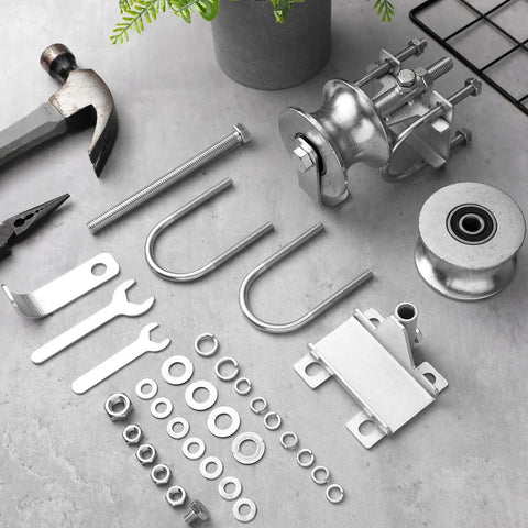 4 Pack Sliding Gate Rollers For Chain Link Gates, heavy duty galvanized gate wheels, tools, nuts, and bolts displayed on gray surface.