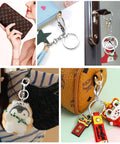 Top Shelf Zinc Alloy Lobster Clasps And Keyrings 10 Pack showcasing keychains on wallets and bags with various charms and split rings.