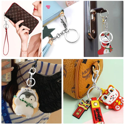 Top Shelf Zinc Alloy Lobster Clasps And Keyrings 10 Pack showcasing keychains on wallets and bags with various charms and split rings.