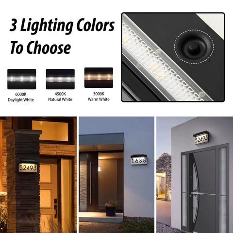 Solar Powered House Numbers Address Plaque With Adjustable Solar Panel And Three Color Lighting For Outdoor Use displayed.