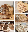 3-pack basswood sheets for laser cutting; unfinished 1/8 in thick, 12x12 in, shown as assorted wooden crafts.