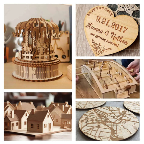 3-pack basswood sheets for laser cutting; unfinished 1/8 in thick, 12x12 in, shown as assorted wooden crafts.