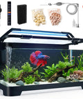 All In One 3.5 Gallon Betta Tank Starter Kit with back filter, adjustable pump, LED light, and accessories, showcasing a vibrant Betta fish.