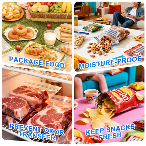 Image showing packaged food, moisture-proof snacks, odor-preventing meat storage, and chips with 2 In 1 Rechargeable Bag Sealer With Cutter USB C Heat Sealer Resealer For Chips And Snacks Portable Grab And Go Pocket Size White Keeps Snacks Fresh Easy One Button Operation Compact Travel Friendly.