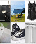 Collage of products: handbag, awning setup, black dress, reinforced cardboard, canvas shoes, and hanging curtains.