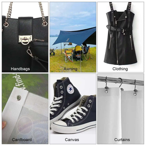 Collage of products: handbag, awning setup, black dress, reinforced cardboard, canvas shoes, and hanging curtains.