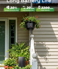 "Solar Powered Drip Irrigation Setup With USB Charging For Indoor Outdoor Plants 49 Ft Kit Supports 15 Potted Plants Automatic Watering" displayed outdoors with plants and solar panel