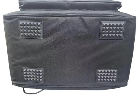 12V Plug In Electric Car Cooler Bag, 25 Liter Portable Beverage Fridge base with rubber grips, black fabric for stability.