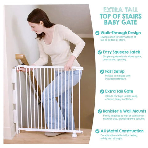 Woman installing Extra Tall Baby Gate For Stairs And Hallways, 35 Inch High, Expands From 34 To 55 Inches, Hardware Mounted, White.
