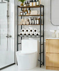 4-Tier Over The Toilet Storage Rack With One-Piece Wood Shelves And Open Net Basket, Space-Saving Bathroom Organizer