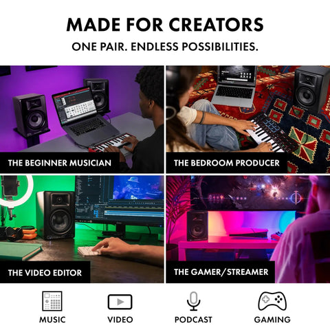 BX5BT 5 Inch Desktop Studio Monitor Speakers with DSP and Bluetooth App Control in four creator setups