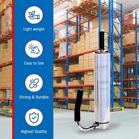 Manual Pallet Stretch Film Dispenser With Built In Cutter And Film Holder Handy Easy Assembly Adjustable For Multiple Roll Sizes Durable Shrink Wrap Tool For Fast Secure Pallet Wrapping in warehouse with clear film roll