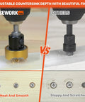 Rock Solid Carbide Tipped Countersink Drill Bit With 1/8 Inch Point And 3/8 Inch Chamfer Angle Featuring Gold Coated M2 Steel Core and Quick Release Hex Shank For Hella Clean Cutting in action comparing neat and smooth vs sloppy and scratched results.