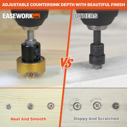 Rock Solid Carbide Tipped Countersink Drill Bit With 1/8 Inch Point And 3/8 Inch Chamfer Angle Featuring Gold Coated M2 Steel Core and Quick Release Hex Shank For Hella Clean Cutting in action comparing neat and smooth vs sloppy and scratched results.