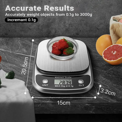 Compact Digital Kitchen Scale For Precise Weighing In Grams And Ounces, 3000g Capacity With 0.1 g And 0.01 Oz Increments, strawberries on scale.