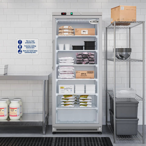 Chill Out In Style 21 Cu Ft Commercial Freezer With Glass Door, organized frozen goods display in a food prep area.