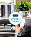 Coin Sized Hidden Spy Camera With 1080P HD WiFi, Night Vision, shown on bookshelf, plant, in bag and pocket