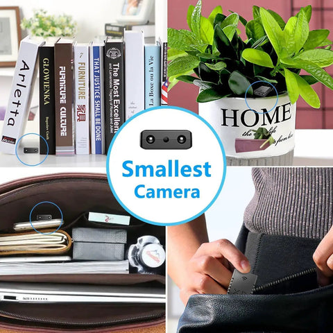 Coin Sized Hidden Spy Camera With 1080P HD WiFi, Night Vision, shown on bookshelf, plant, in bag and pocket