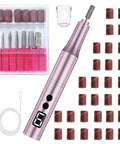 Heavy Duty Cordless Nail Drill Kit With Five Tough Steel Bits And Dust Shield For Peeling Gel Polish And Buffing Rough Calluses In Slick Pink Vibe, featuring drill, bits, bands, and USB cable.