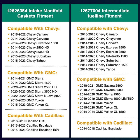 Compatibility chart showing 12626354 intake manifold gaskets and 12677004 intermediate fuel feed pipe for various GM models.