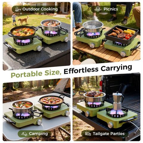 Propane Camping Stove 2 Burner Hybrid Infrared And Open Flame 36,000 BTU Windproof Folding Portable Outdoor Gas Cooker in use