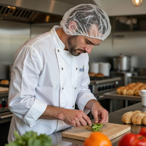 Chef wearing Breathable Disposable Bouffant Cap With Elastic Edge For A Secure Fit Latex Free All Day Comfort in kitchen