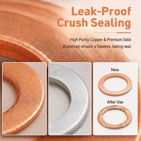 Oil Drain Plug Crush Washer Kit 100 Piece Set Copper And Aluminum Universal For Cars And Sedans M10 M12 M14 M16 M18 Must Have Replacement Oil Pan Washers Today, showcasing copper and aluminum washers with leak-proof sealing.
