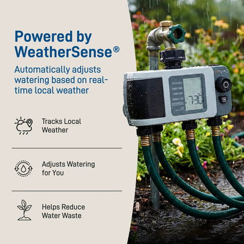 Must-Have 4 Port Smart Hose Watering Timer With Wi-Fi Hub And WeatherSense Auto Watering in garden with rain sensor displayed