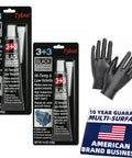 RTV Silicone Gasket Maker, Black - Hi-Temp, 3+3 pack; front view with black gloves
