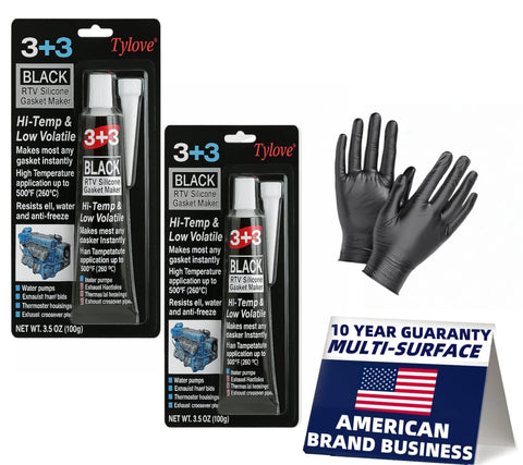 RTV Silicone Gasket Maker, Black - Hi-Temp, 3+3 pack; front view with black gloves