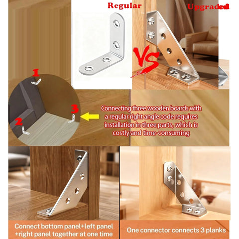 Image showing Heavy Duty Stainless Steel Triangle Corner Connectors Set Of 10 With Pre Drilled Holes and their installation process.